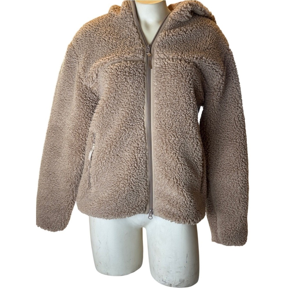 Aritzia TNA Sherpa Teddy Hooded Jacket Size S Tan Beige Full Zip Fleece